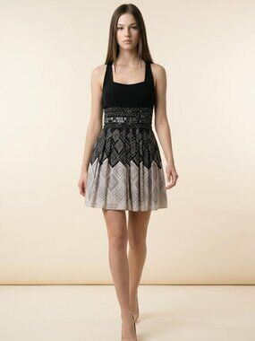 Bebe Beaded Embellished Printed 100% Silk Sleeveless Dress M